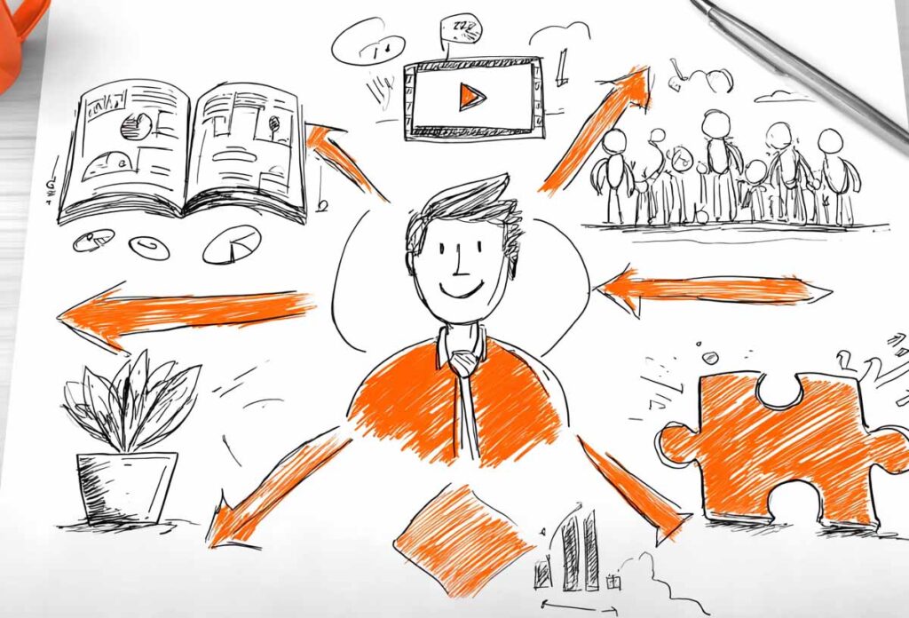 Wideo w employer brandingu jako magnes na talenty - symboliczna infografika w formie szkicu