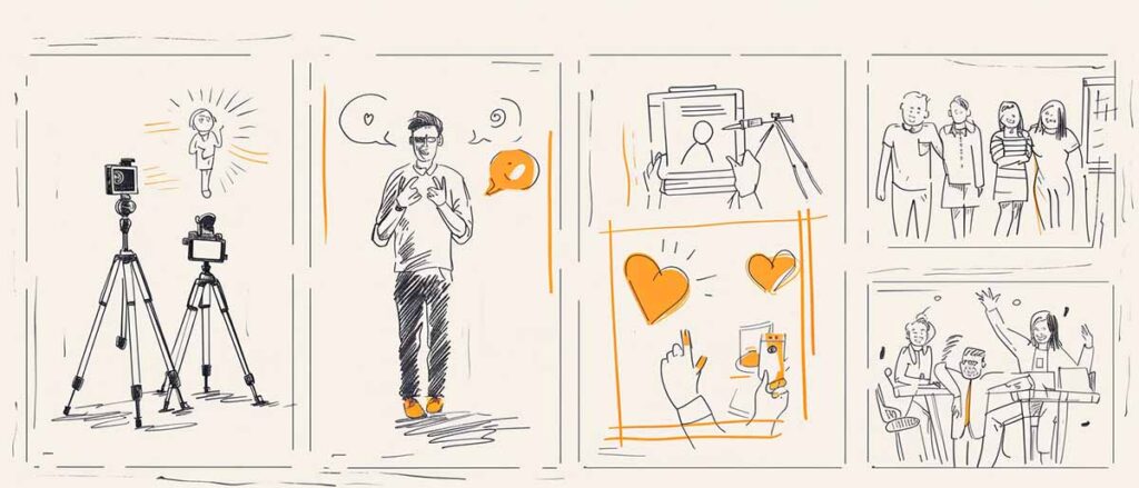 Ręcznie rysowany storyboard – cztery sceny: zaufanie do marki, emocje, produkt w użyciu, employer branding