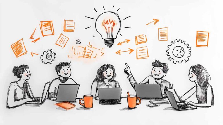 Szkicowy zespół podczas burzy mózgów: kilka osób wokół stołu, gesty, śmiech, tablica ze „sticky notes”, symbole żarówki i kół zębatych — kontekst: scenariusz filmu rekrutacyjnego.