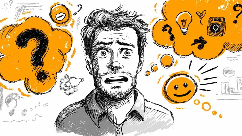 Szkic głowy pracownika obrazujący stres przed kamerą. Pomarańczowe dymki myśli symbolizują obawy i autentyczność, jakie mają pracownicy w filmie rekrutacyjnym.