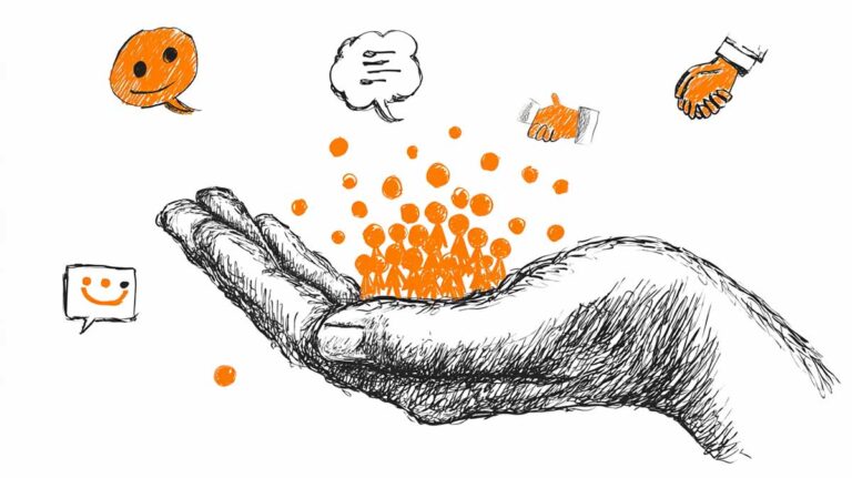 Czarno-pomarańczowy rysunek przedstawiający dużą dłoń, w której znajduje się mała postać. Symbolizuje to troskę i wartość, jaką mają autentyczni pracownicy w filmie rekrutacyjnym.